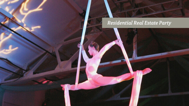Strategy: An Aerialist entertains guests at a residential real estate party with a circus theme, lighing designed by Tri-Luminary, Inc. in Greenwich Village. It illustrates the dynamic balance we try to achieve between mind-blowing creativity and wallet-protecting reality.